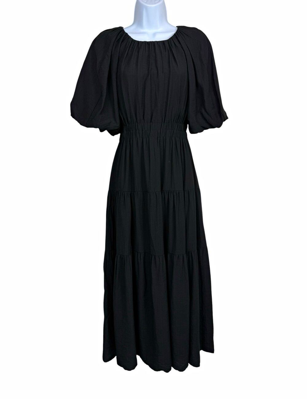 Moon River Black Smocked Waist Puff Short Sleeve Tiered Midi Dress Size S